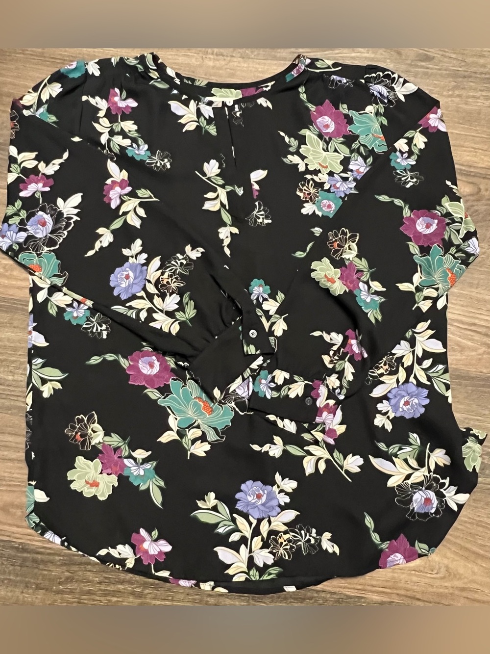 LOFT Black Floral Long-Sleeve Blouse